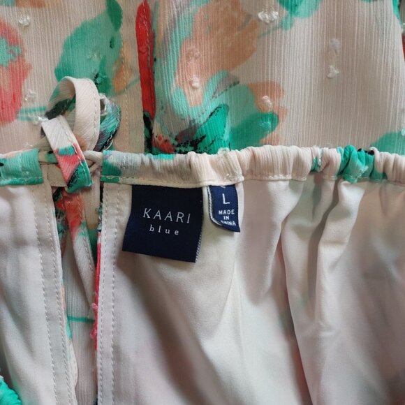 Kaari Blue Sz L Multi Pink Floral Santorini 3/4 Sleeve Ruffle Front Tie Top Lace - Picture 10 of 13